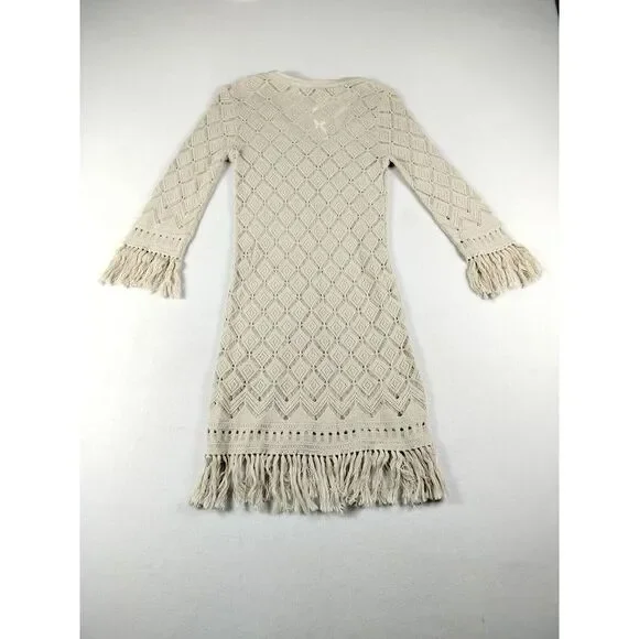 Trina Turk Sweater Dress Womens Small Tan Manzanillo Fringe Hem Minimalist Basic